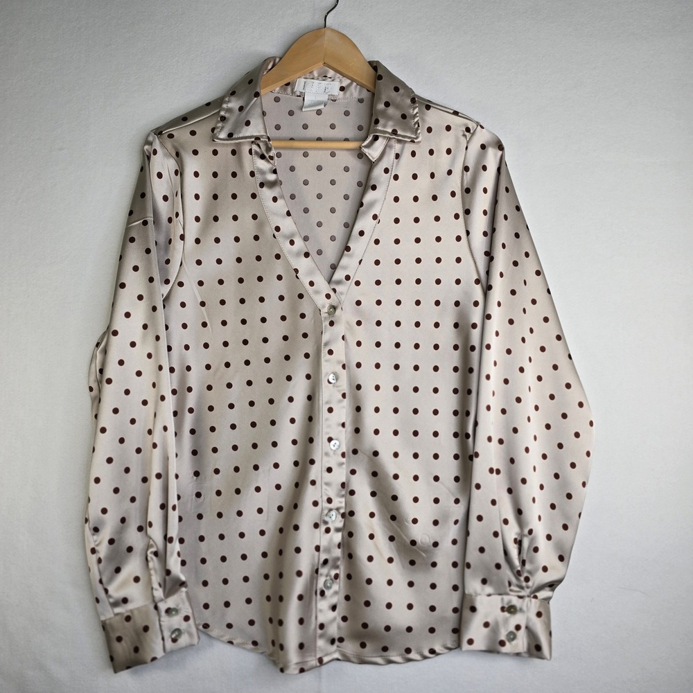 LIFE Womens Polka Dot Satin Blouse Champagne Brown Button Down Long Sleeve Large